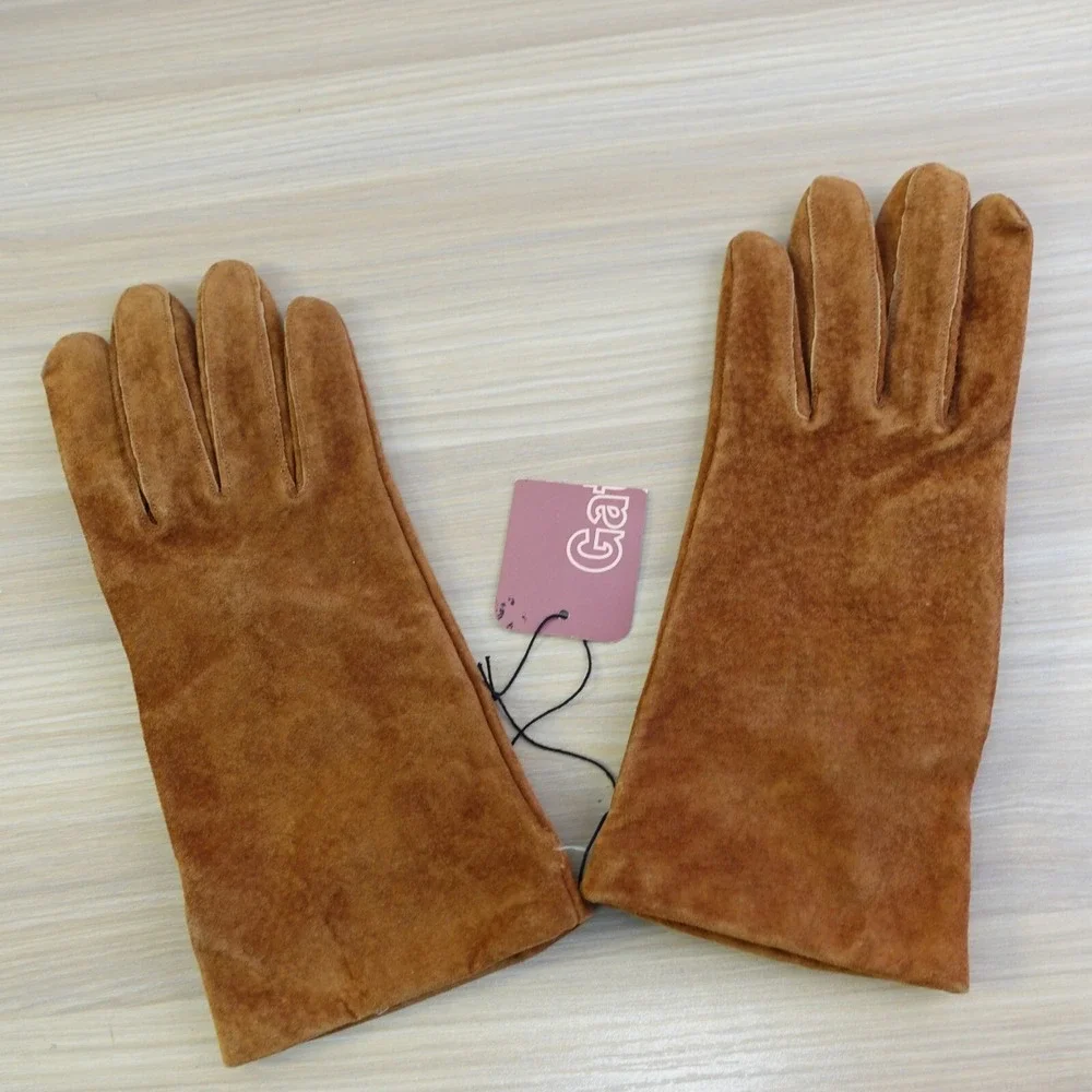 Suede Winter Gloves Women Medium Tan Brown GATES Genuine Leather Pigskin Classic